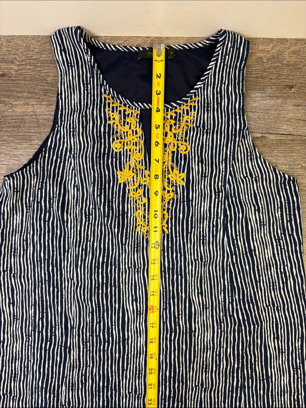 THML Embroidered Striped Shift Dress Navy & White with Mustard Embroidery Medium - Picture 11 of 12